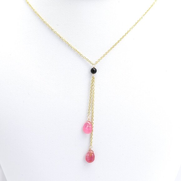 Tourmaline Dangle Necklace 14k Yellow Gold Pink Gemstone Drops (#8) - Picture 1 of 10